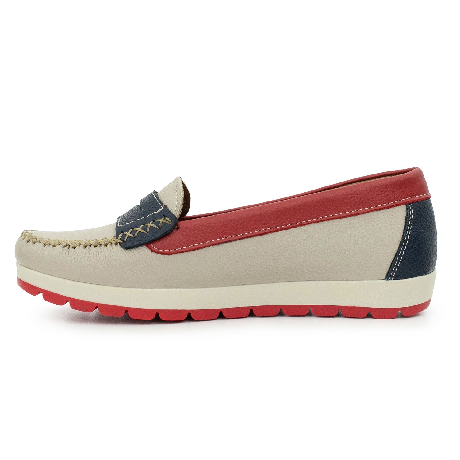 MOCASÍN PAMPA BEIGE, ROJO AZUL