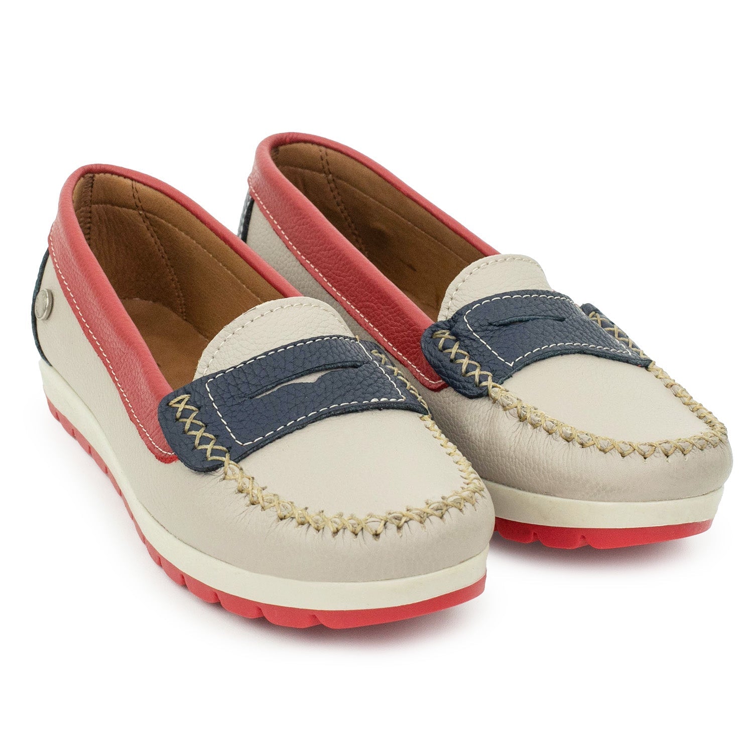 MOCASÍN PAMPA BEIGE, ROJO AZUL